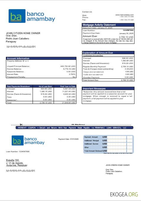Relevé d'hypothèque bancaire Paraguay Banco Amambay aux formats Word et PDF
